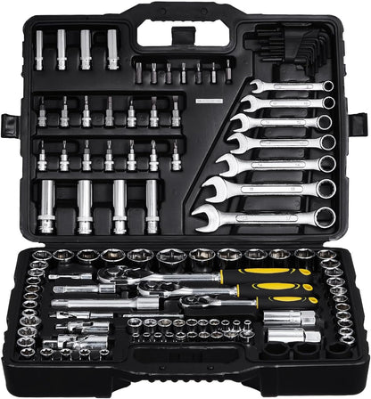 121 Piece Tool Set - Professional Mechanic Tool Kit with Bits, Ratchets, Wrenches &amp; Pliers - SAE &amp; Metric Sizes - Includes Storage Case - Black/Yellow