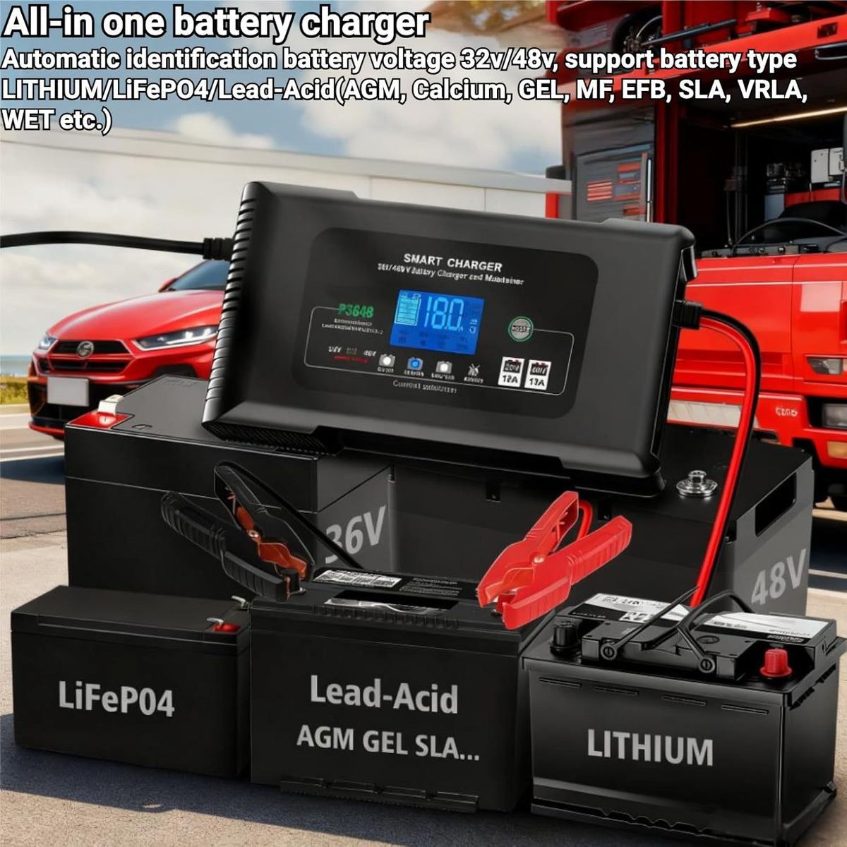 36V/48V Acculader – Batterijoplader – Onderhoudslader – Slimme Acculader – Auto Acculader – 18A Snel Laden – Impulsreparatie & Automatische Accutest