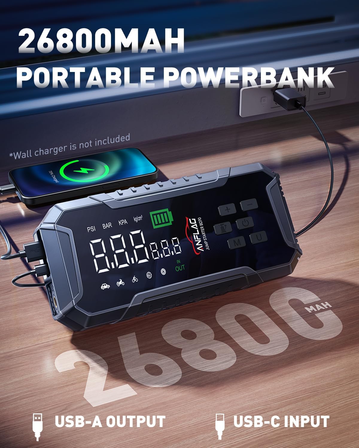 Starthulp powerbank voor auto's met compressor BD70