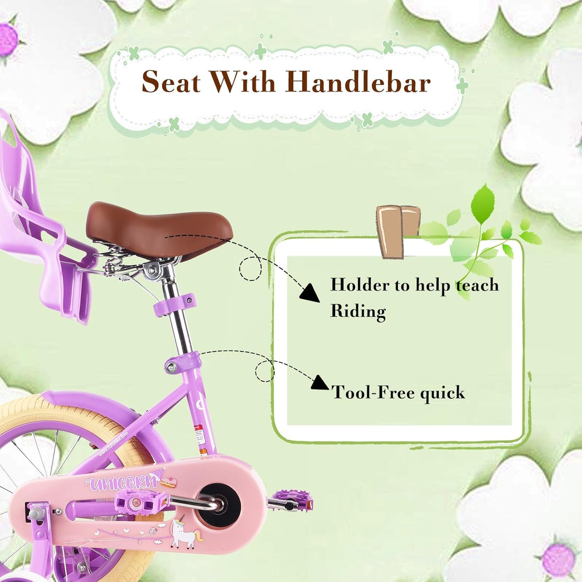 RULLY 16 inch kinderfiets voor meisjes van 4, 5, 6, 7 jaar, met steunwielen en handrem voor, kinderfiets met mand, fiets, streamer, peuterfiets, paars
