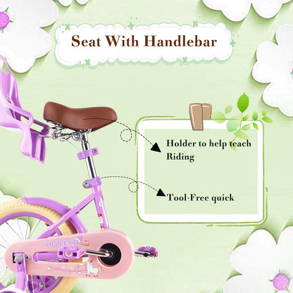 RULLY 16 inch kinderfiets voor meisjes van 4, 5, 6, 7 jaar, met steunwielen en handrem voor, kinderfiets met mand, fiets, streamer, peuterfiets, paars