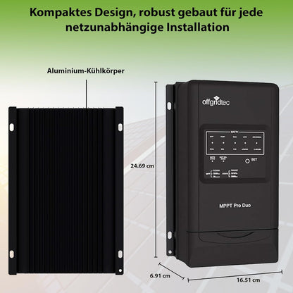 Offgridtec® MPPT Pro Duo laadregelaar 30A 12V 24V voor twee batterijcircuits. App beschikbaar voor Android.