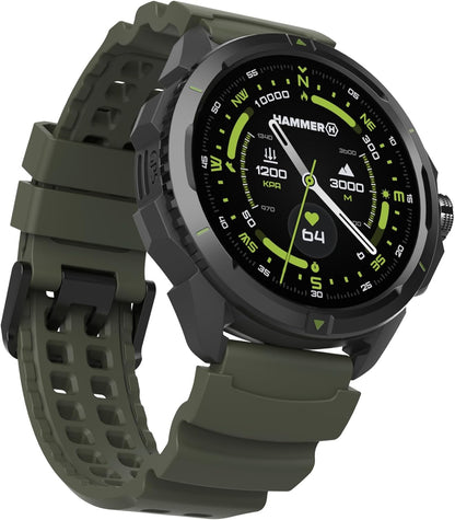 Hammer Watch 2 Military Edition, GPS, AMOLED Gorilla-glas 1,5 inch, grote 530 mAh batterij, tot 15 dagen gebruik met één lading, 5 ATM-weerstand, SOS-knop, LED-zaklamp, groen, 1.5 zoll, Tactisch