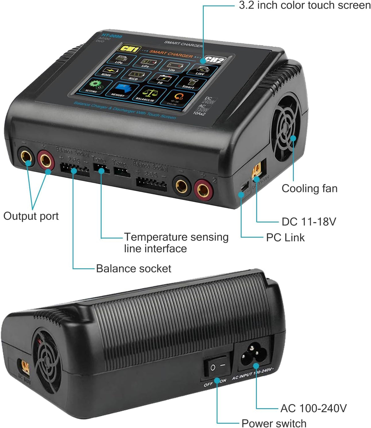 Batterijoplader – Acculader – LiPo Oplader – Balancer – Ontlader – Dual Kanaals – Touchscreen Display – 150W AC / 240W DC