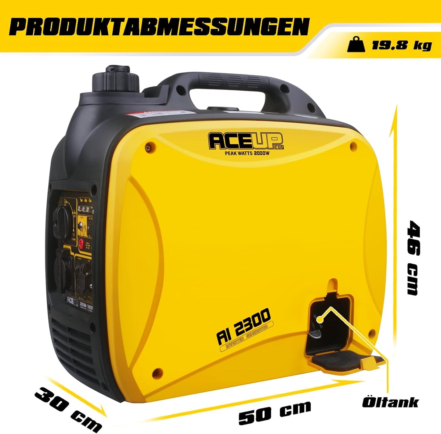 Aceup Energy Inverter stroomgenerator, 2000 watt, noodstroomaggregaat, stille benzine, stroomgenerator, licht, met USB 230 V, 12 V stopcontacten, 4-taktmotor, 19,8 kg