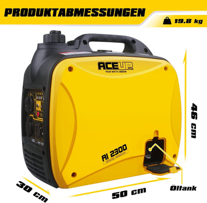 Aceup Energy Inverter stroomgenerator, 2000 watt, noodstroomaggregaat, stille benzine, stroomgenerator, licht, met USB 230 V, 12 V stopcontacten, 4-taktmotor, 19,8 kg