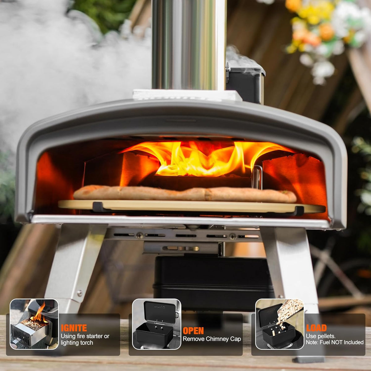 Mimiuo Wood Pellet Pizza Oven met Automatisch Draaisysteem, Draagbare Pizzaoven met 33cm Pizzasteen, Outdoor Pizzaoven voor Picknick Feest Vamping, Zwart