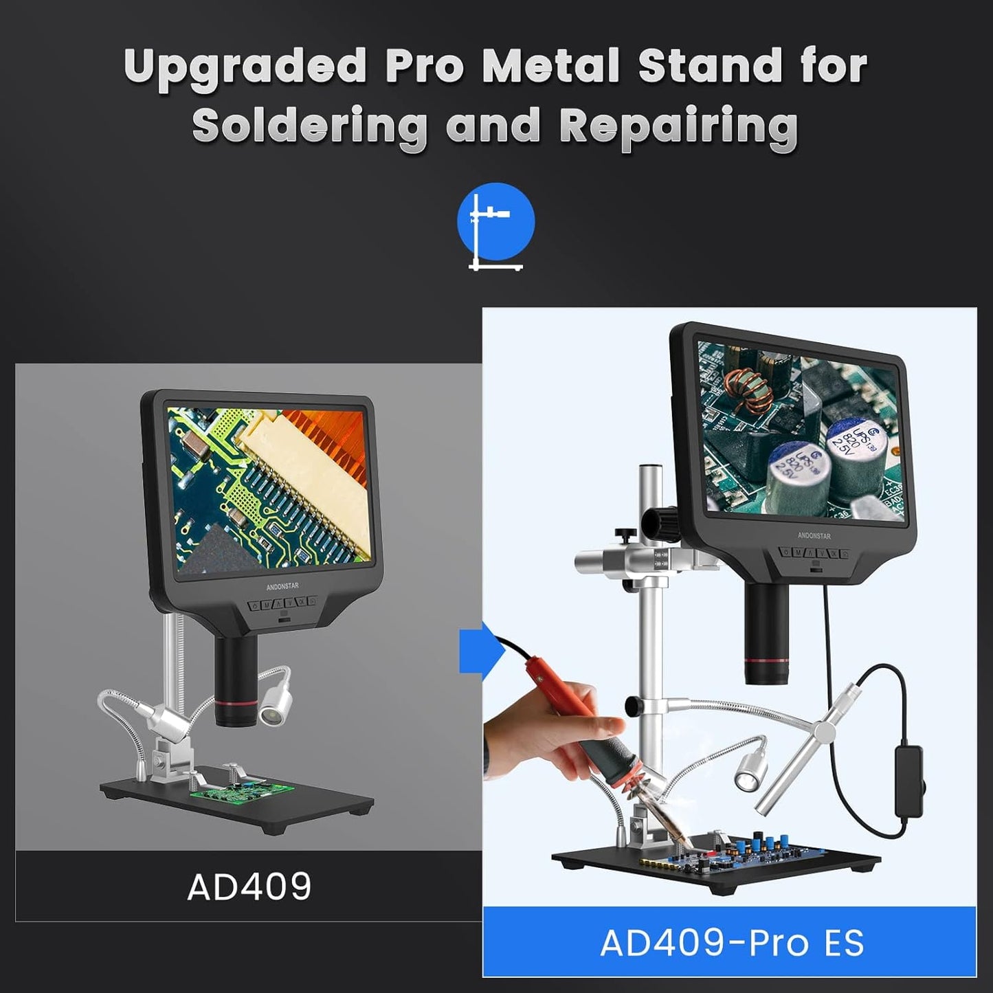 Andonstar AD409 Pro HDMI digitale microscoop met endoscoop, 10,1 inch LCD-scherm soldeermicroscoop, 300X USB elektronische microscoopcamera voor PCB-solderen, muntenverzameling, ondersteunt Windows-pc