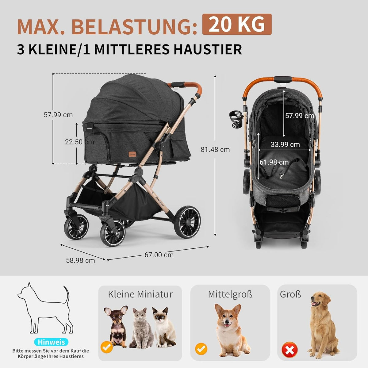 EchoSmile Opvouwbare hondenwagen, hondenbuggy tot 20 kg, voor kleine middelgrote honden en katten, hondenbuggy en kattenwagen met omkeerbare handgreep, schokdemping en afneembaar wasbaar kussen (zwart