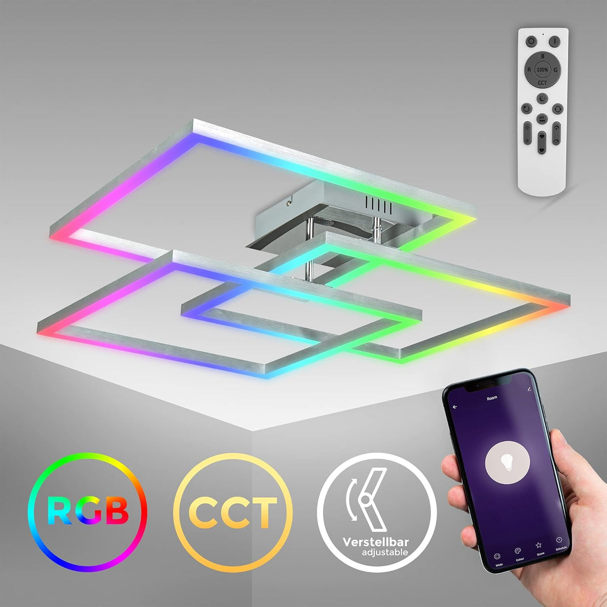 B.K.Licht I LED Frame lamp I dimbare Smart Plafondlamp I WiFi I plafoniere met App en afstandsbediening I CCT en RGB I dimbaar I 48 Watt I 4800 lumen I Chroom-Aluminium I plafondlampen I plafonniere
