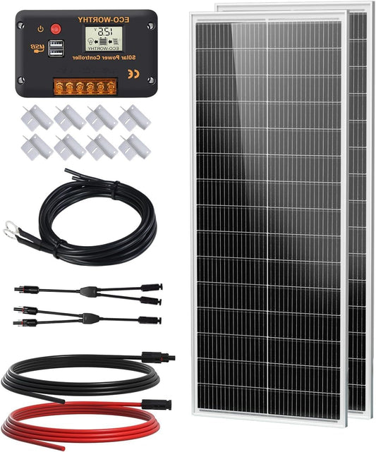 ECO-WORTHY Solar module set 200 W 12 V, 2 x 100 W solar panels 18BB N type, efficiency 25% with 30 A charge controller, suitable for motorhomes, boats and solar systems. - QUORE