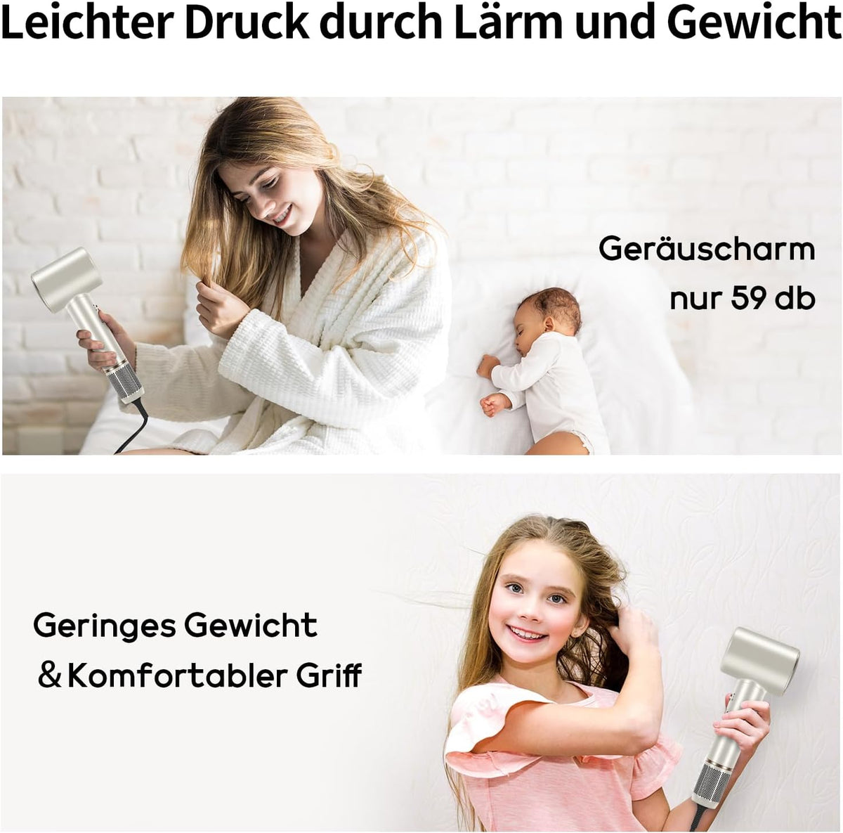 Föhn – Haardroger – Stylingföhn – Ionische Föhn – Reisföhn – Champagnekleur – 110.000 Tpm Borstelloze Motor – 2x 32 Mm Auto-Wrap Curler
