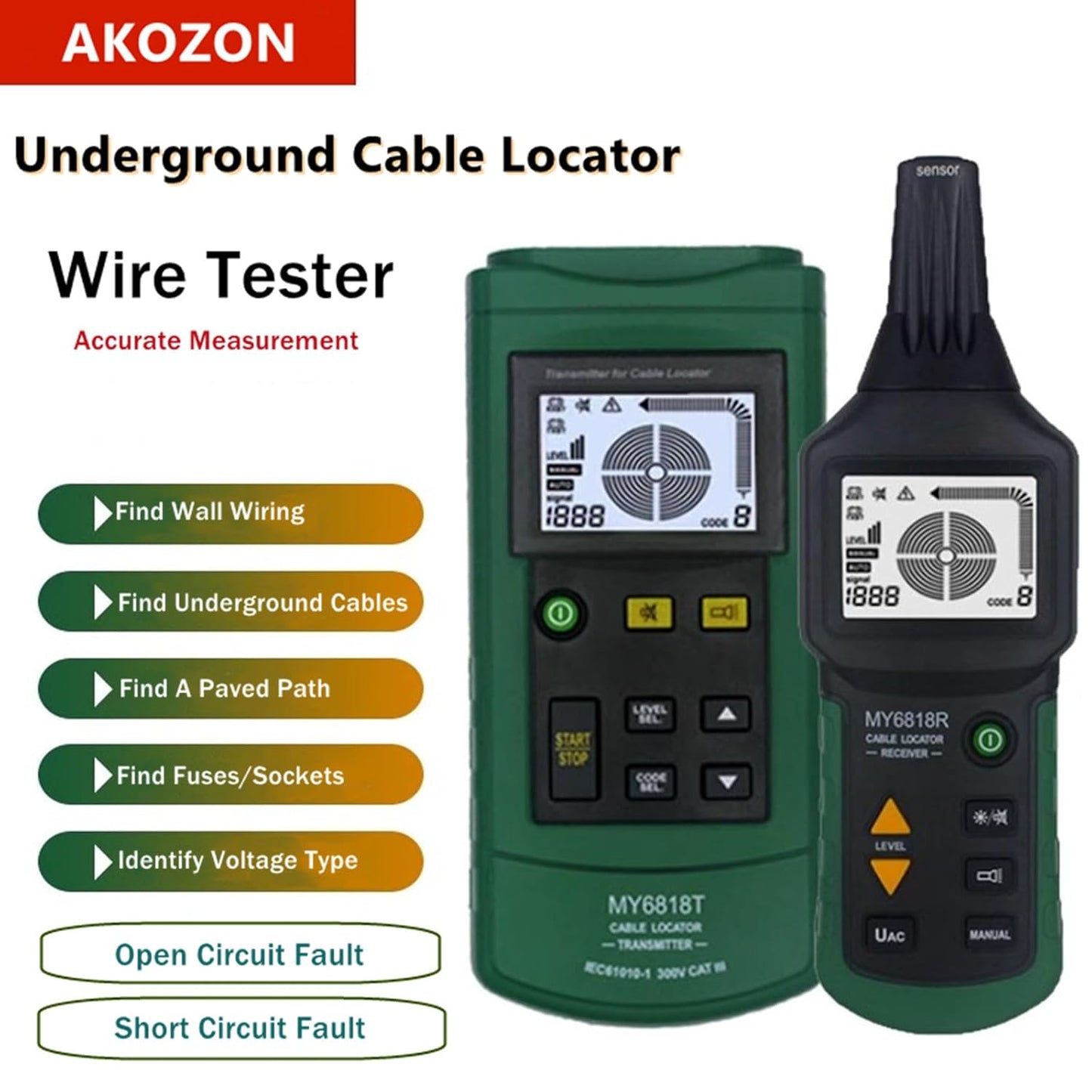 Akozon MS6816 Draadloze testkabel, netwerkkabel, tracker, metalen buis voor positionering van detectoren, netwerkkabel, tester