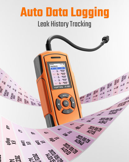 TopTes PT-990 Oplaadbare gaslekdetector met 28 cm flexibele sonde, detectiebereik 0-10.000 ppm, gegevensregistratie en 3 alarmsoorten, gasmelder voor propaan, methaan voor industrie, oranje