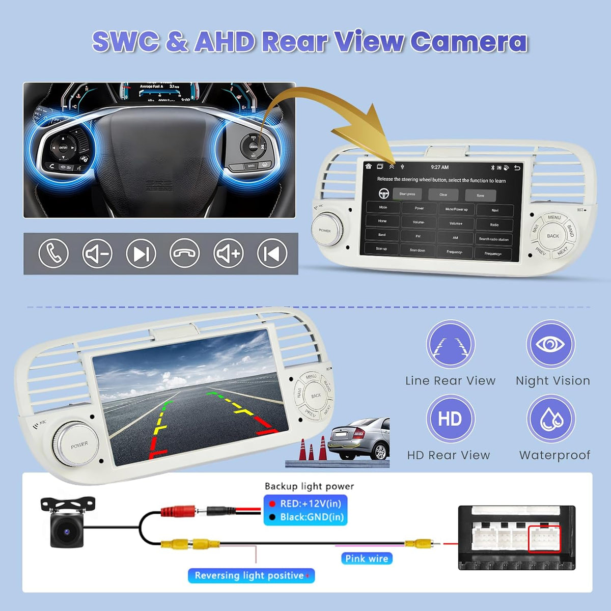 8 Noyau/4G+64G/DSP Autoradio Android pour Fiat 500 2007-2015 Blanc avec CarPlay Android Auto Sans Fil, 7" écran Tactile avec BT GPS WiFi RDS FM USB 59UI+Caméra de Recul+MIC