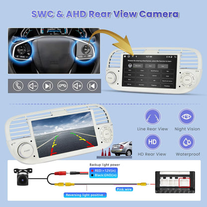 8 Noyau/4G+64G/DSP Autoradio Android pour Fiat 500 2007-2015 Blanc avec CarPlay Android Auto Sans Fil, 7" écran Tactile avec BT GPS WiFi RDS FM USB 59UI+Caméra de Recul+MIC