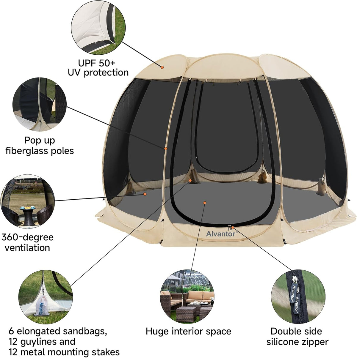 Alvantor Scherm Huis Kamperen Tent Outdoor Luifel Pop Up Zonnescherm Onderdak 8 Mesh Muren Niet Waterdicht Beige 366 x 366 cm patent aangevraagd