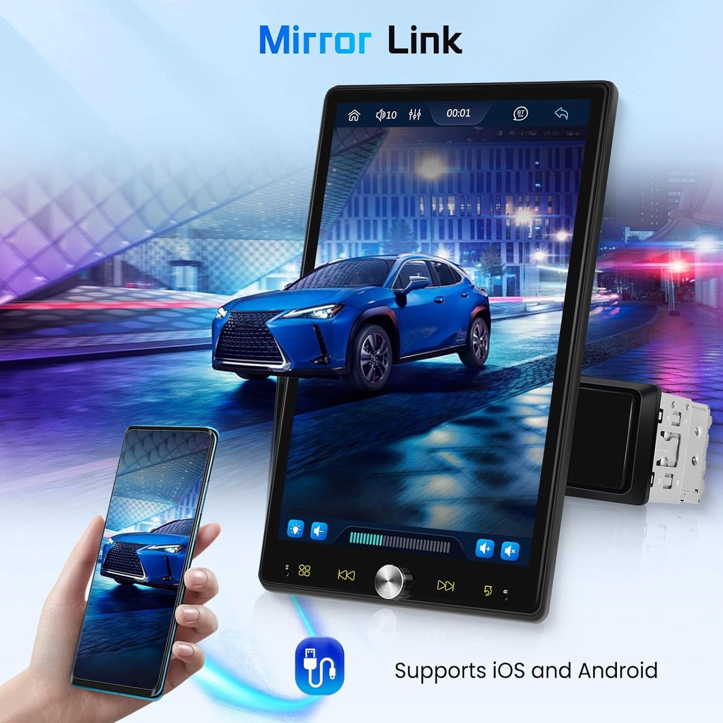 Autoradio, 1 Din met Carplay Android auto, draadloos touchscreen, draaibaar, 10,4 inch stereo, auto, bluetooth radio, FM-spiegel, Link 2 USB-camera