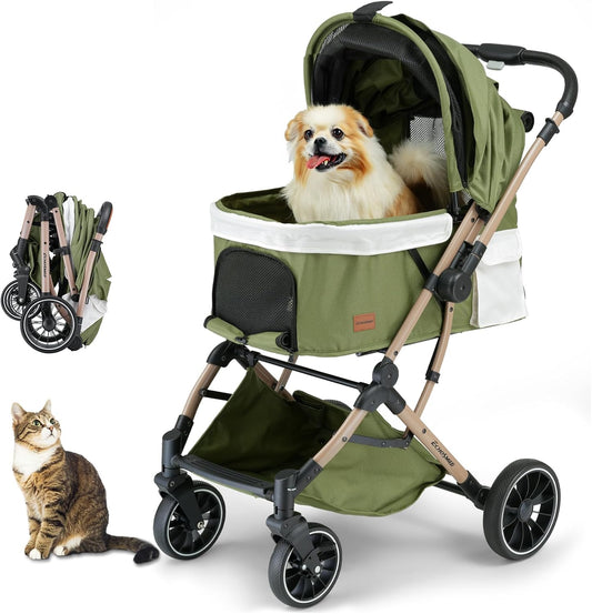EchoSmile Opvouwbare hondenwagen, hondenbuggy tot 20 kg, voor kleine middelgrote honden en katten, hondenbuggy en kattenwagen met omkeerbare handgreep, schokdemping en afneembaar wasbaar kussen (groen
