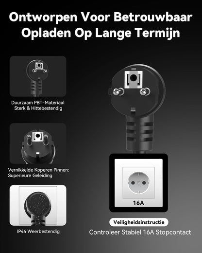 Type 2 Laadkabel Schuko (3,68 kW, 6,5 m, 16A, 1-Fase) | Thuislader EV Lader met LED, Mobiele Laadpaal voor Elektrische & Hybride Auto's (Model Y/3/X/S, EX30, NIRO, XC40 en andere EV/PHEV)
