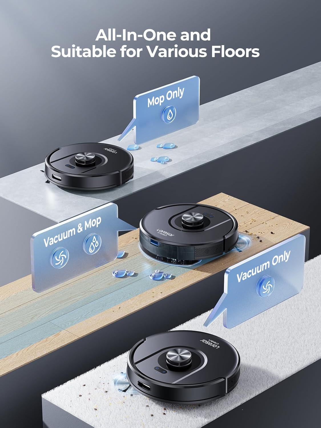 Laresar Clean Robotstofzuiger met dweilfunctie, 3-in-1, 5000 Pa stofzuigerrobot met lasernavigatie, 180 minuten max, ideaal voor dierenharen, tapijt, harde vloeren, app-bediening, 15 No-Go
