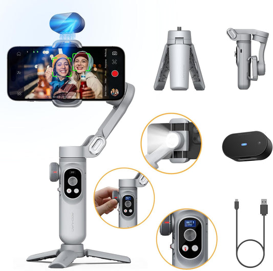 AOCHUAN 3-assige telefoon gimbal, gimbal stabilisator voor iPhone w/AI Vision Sensor, draagbaar voor iPhone/Andriod, telefoonstabilisator ingebouwd vullicht Perfect voor TikTok YouTube-Smart XPro AI