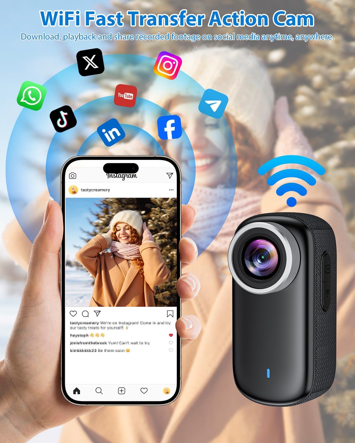 Mini Action Cam 4K WiFi, 32 GB bodycam lichaamscamera met scherm, 150° onderwatercamera, 30 m, kleine sportcamera, motorfiets, helmcamera, actiecamera, vlog, videocamera, multifunctionele accessoires