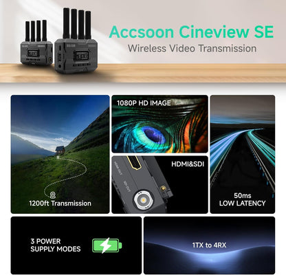 ACCSOON CineView SE Draadloze Videozender en Ontvanger Systeem, 2.4G/5G Dual-Band, HDMI/SDI In/Uit, Tot 350m Bereik, Lage Latentie, voor Cameramonitoring en Live Streaming