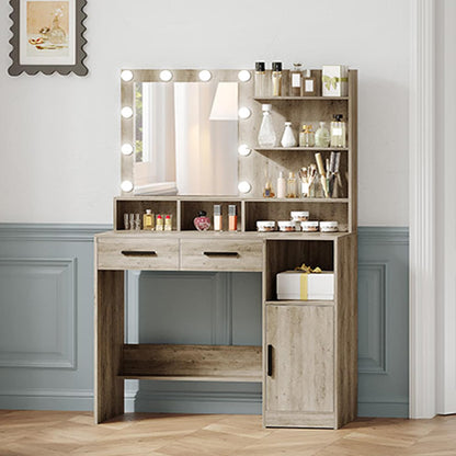 Hzuaneri Dressing Table with Mirror and 10 LED Lamps, Makeup Table with 3 Shelves and 4 Open Compartments, Dressing Table with 2 Drawers and Cabinet, 3 Adjustable Luminosities,GreigeDT32505X