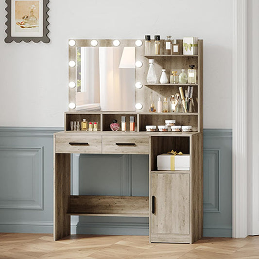 Hzuaneri Dressing Table with Mirror and 10 LED Lamps, Makeup Table with 3 Shelves and 4 Open Compartments, Dressing Table with 2 Drawers and Cabinet, 3 Adjustable Luminosities,GreigeDT32505X