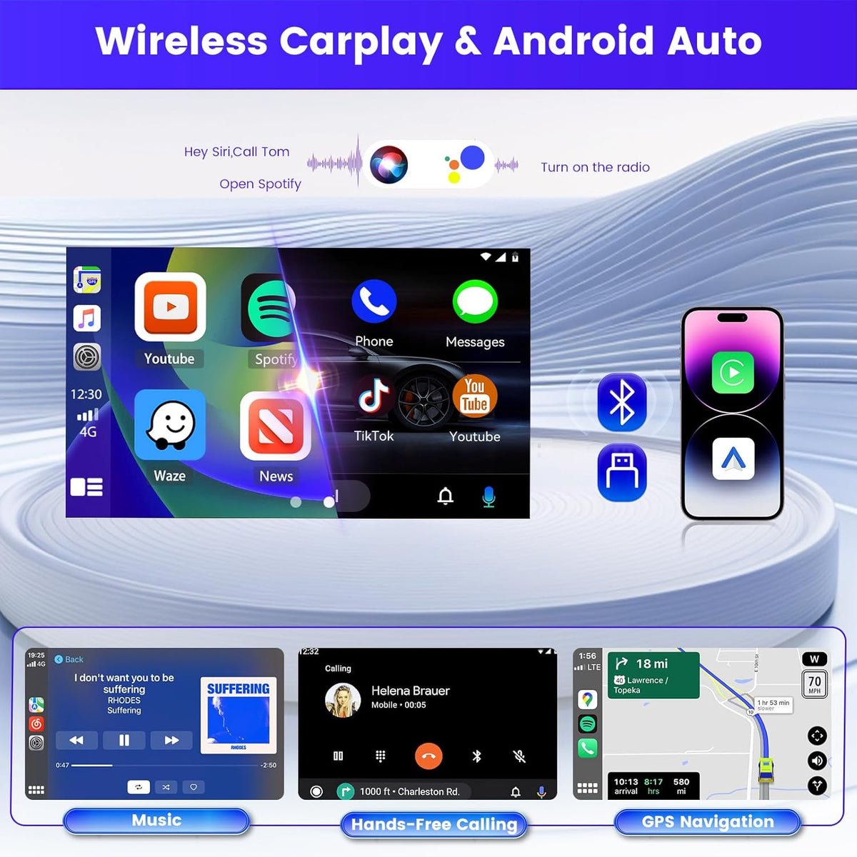 Inefala Android 2 Din Wireless CarPlay Autoradio met gemotoriseerd scherm 2+64G Draadloze met Bluetooth 1 DIN Bluetooth Stereo met Android Auto Mirror Link FM RDS GPS WiFi Achteruitrijcamera AUX USB