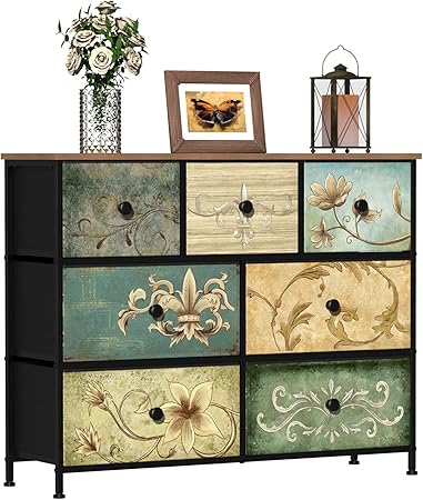 Kast Met 7 Laden – Ladekast – Opbergkast – Commode – Organizer – Stoffen Laden Met Vintage Patroon – Houten Bovenblad En Stevig Metalen Frame - QUORE