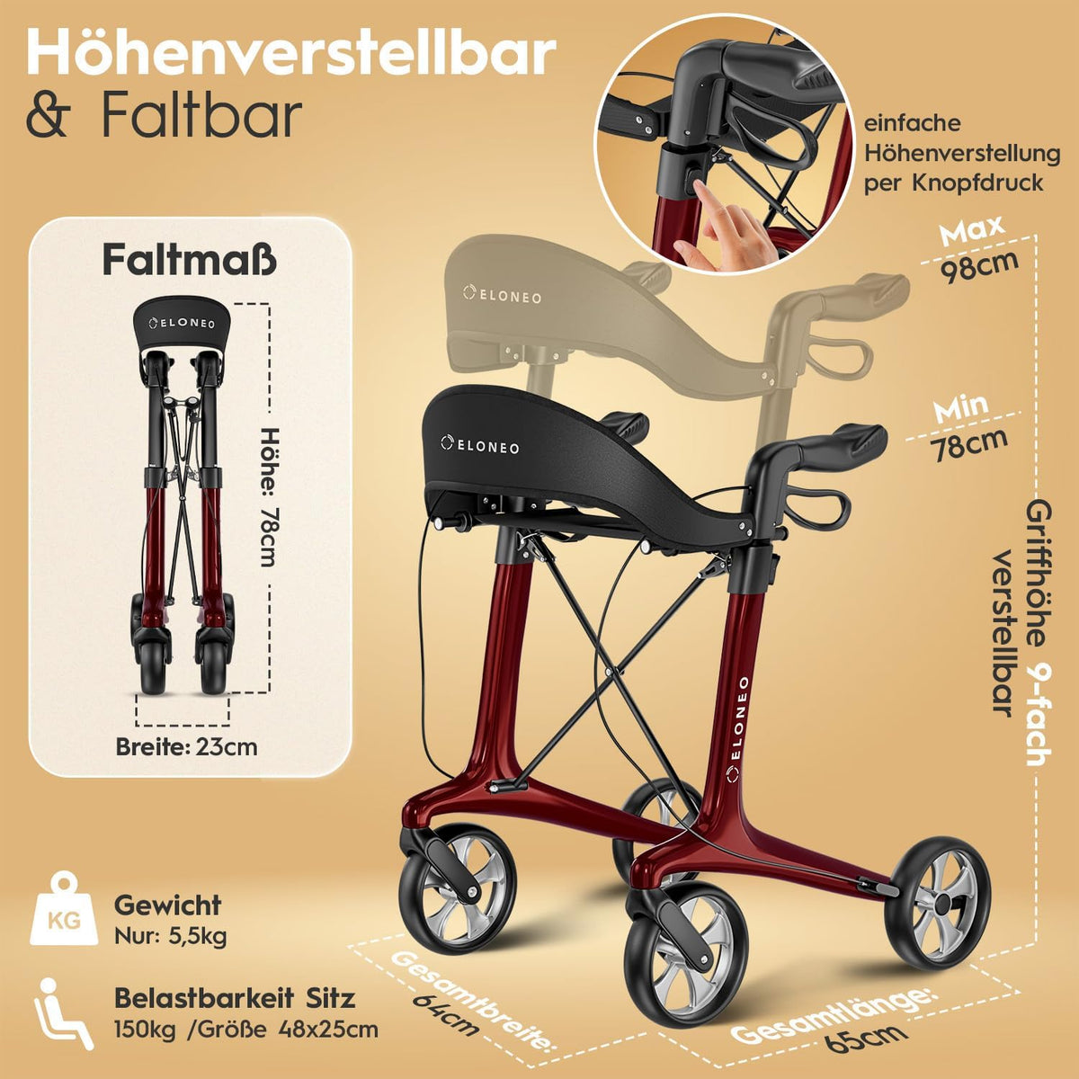 Carbon rollator inklapbaar lichtgewicht met zit, lichtgewicht reisrollator 5,5 kg, loophulp voor senioren 9-voudig in hoogte verstelbaar, inklapbare loopwagen, met tas & parapluhouder
