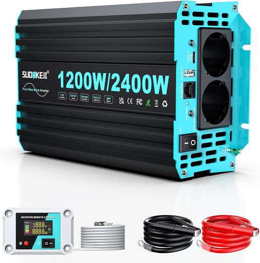 Zuivere Sinus Inverter – Stroomomvormer – Spanningsconverter – 12V naar 230V Omvormer – Power Inverter – 1200W Continu Vermogen – Afstandsbediening met LCD Display