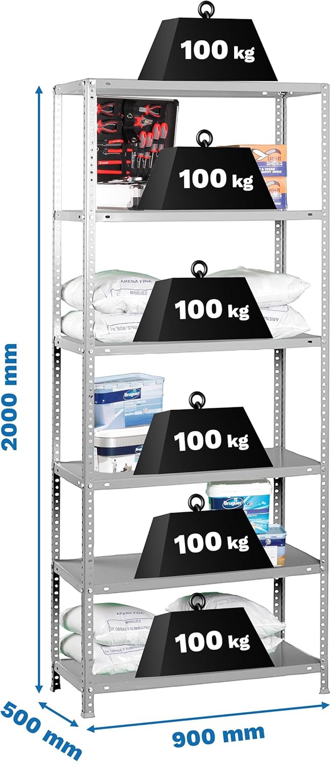 Simon Rack Stellingkast Metaal, 2000x900x500 mm, Buigpunt 100, 6 Verstelbare Niveaus, Metalen Planken, Robuust Opslagrek voor Garage, Kelder en Werkplaats, Grijs – Simon Classic