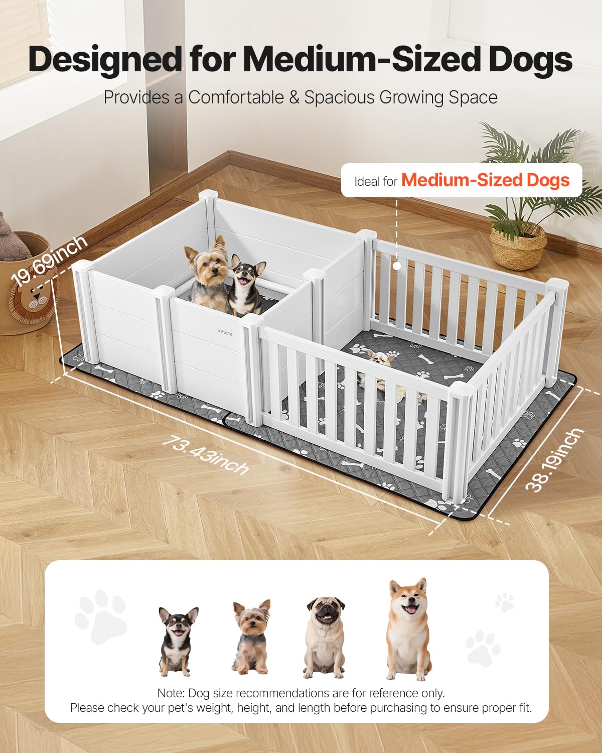 VEVOR Hondenwippelbox, 185,4 x 96,5 x 50 cm, plastic hondenpoepenpen met verstelbare hoogtedeur, puppybox met waterdichte plasmat, gemakkelijk schoon te maken, duurzame geboortekit voor huisdieren