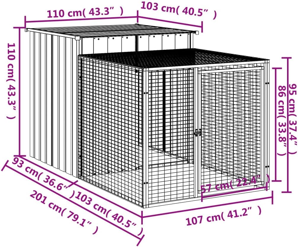 Outdoor Chicken Coop with Run, Rabbit Chicken Coop, Bird Cages, Rabbit Cages, Laying Hens, Galvanized Steel, Light Grey, 110 x 201 x 110 cm - QUORE