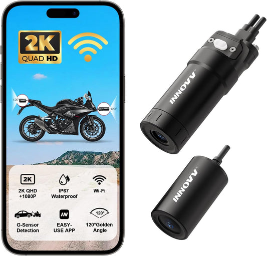 INNOVV K6 Motorfiets dashcam voor en achter 2K QHD+1080P, IP67 waterdichte motorcamera met wifi, botsing G-sensordetectie, 120 ° gouden hoek, ondersteuning 256 GB (SD-kaart niet inbegrepen)