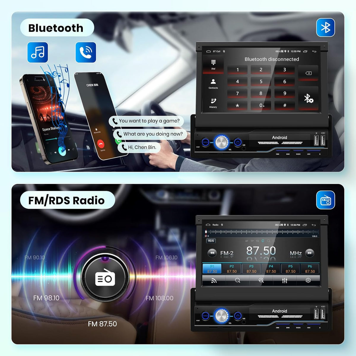 2G+64G Android Autoradio 1 Din Draadloos CarPlay Android Auto 7 inch Handmatig Inklapbaar Scherm met Mirror Link Dual Bluetooth FM/RDS/EQ WiFi Navi GPS USB Stuurwielbediening Achteruitrijcamera