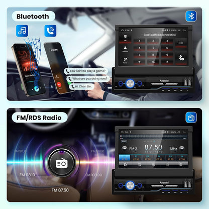 2G+64G Android Autoradio 1 Din Draadloos CarPlay Android Auto 7 inch Handmatig Inklapbaar Scherm met Mirror Link Dual Bluetooth FM/RDS/EQ WiFi Navi GPS USB Stuurwielbediening Achteruitrijcamera