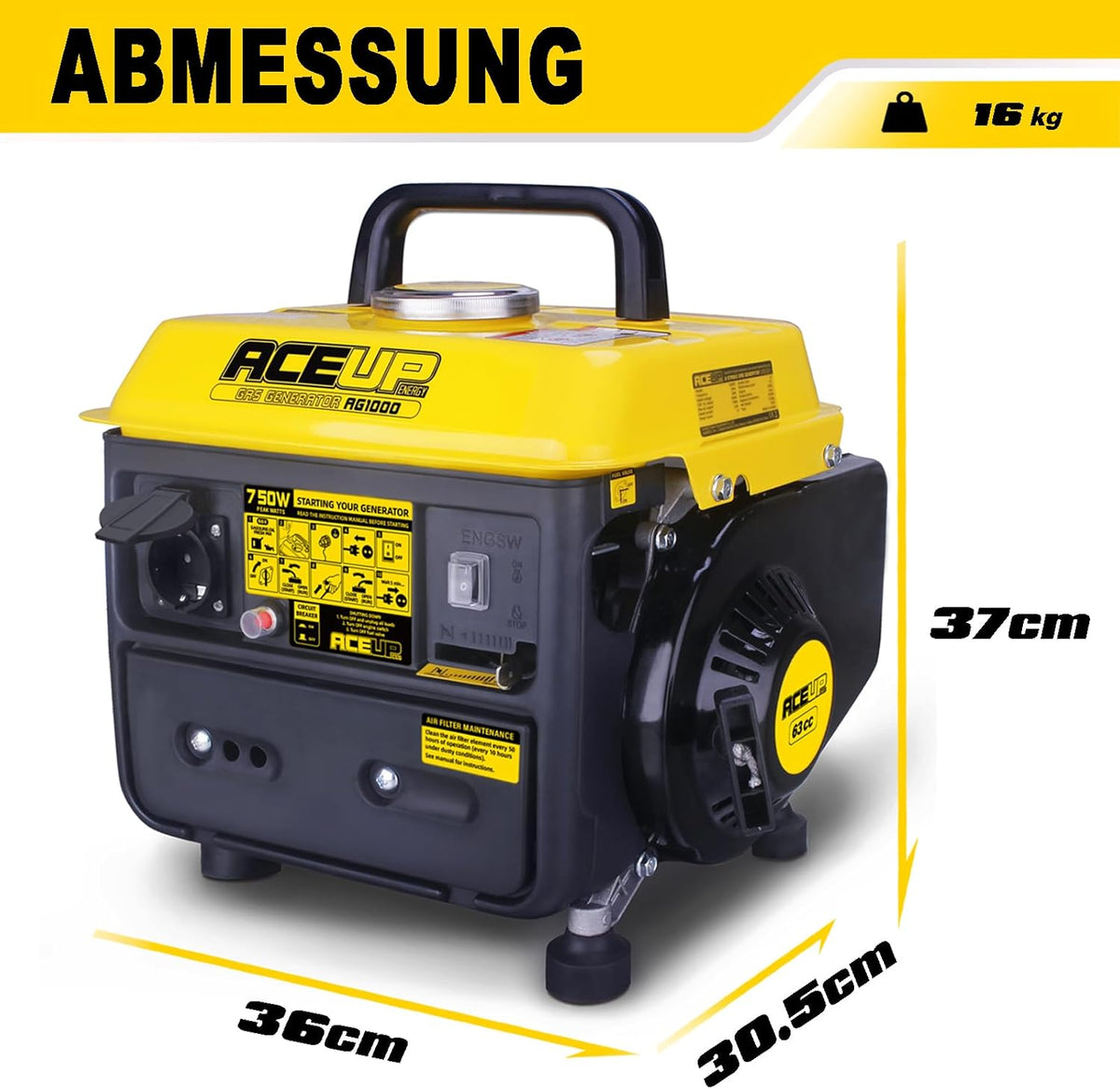 Aceup Energy 750 W stroomgenerator, benzine, draagbaar, ultralicht, met 230 V stopcontact voor camping