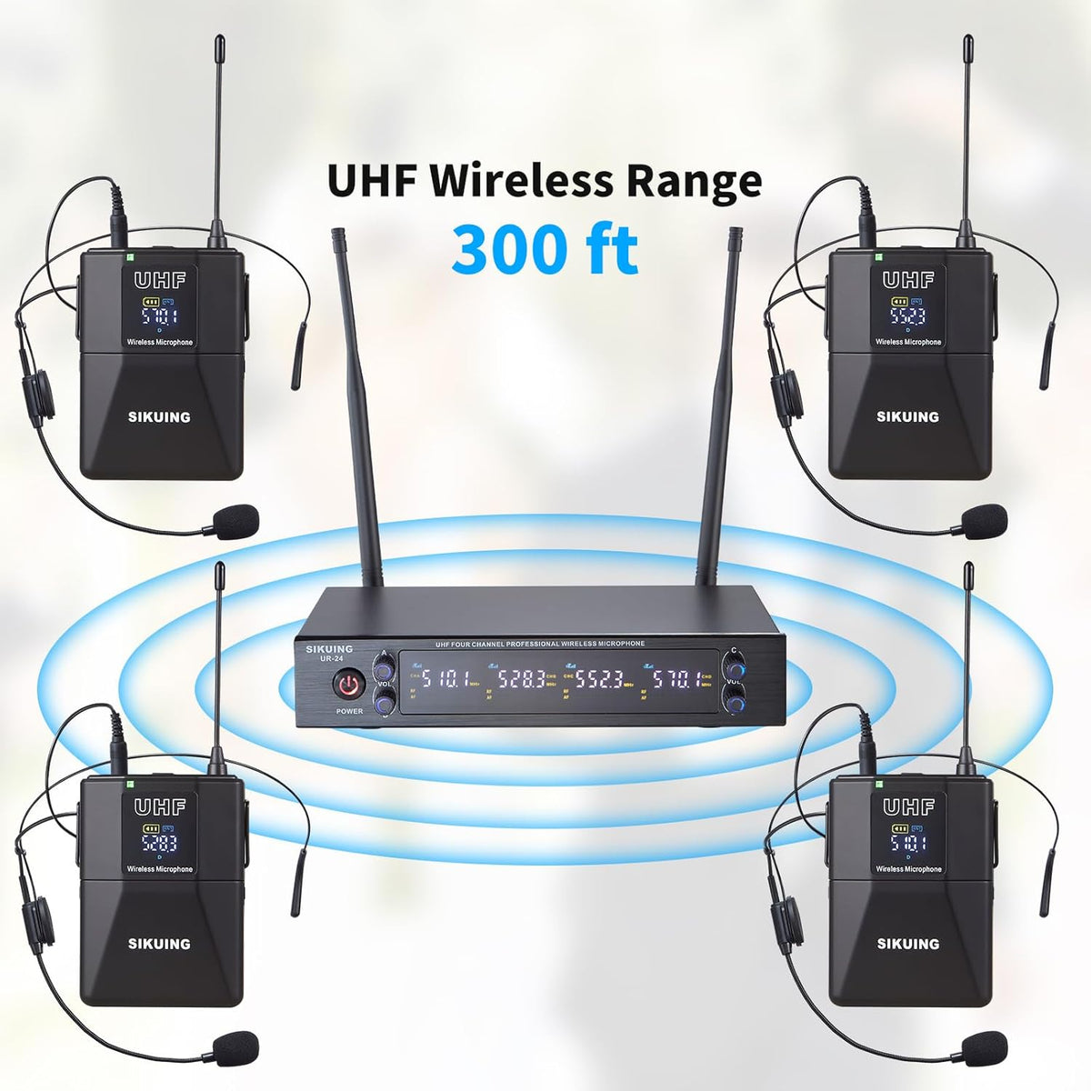 4-kanaals draadloos microfoonsysteem met lavalier- en headsetmicrofoons, 4x50 instelbare frequenties, ideaal voor karaoke, bijeenkomsten, kerk, 300 ft bereik (4 bodypacks)