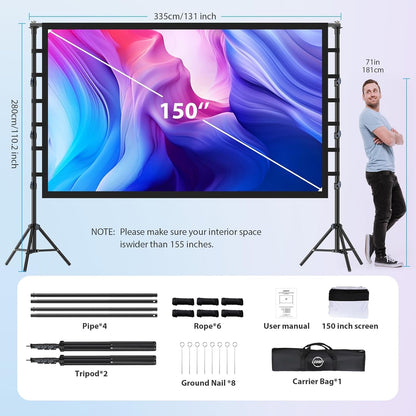 beamerscherm met statief, 150 inch, draagbaar, indoor HD-scherm voor achterzijde, projectiescherm met draagtas, in hoogte verstelbaar, voor camping en thuisbioscoop