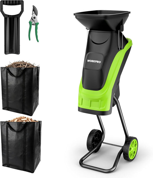 WORKPRO Elektrische tuinhakselaar met heggenschaar, 2500 W meshakselaar met 44 mm snijdiameter, 4300 omw/min, 2 x 45 l verzamelzak, houthakselaar en bladhakselaar voor tuinafval