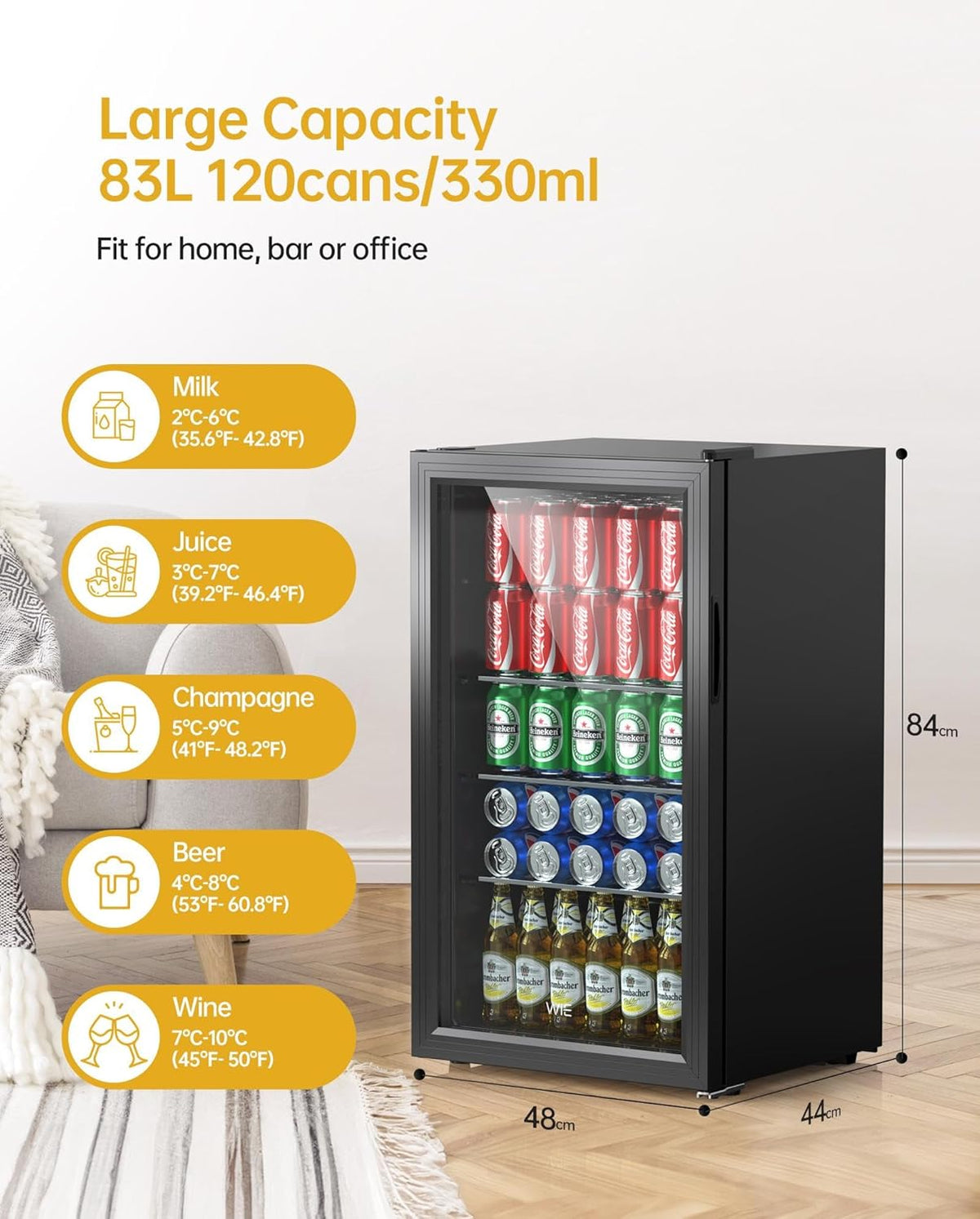 Mini-Koelkast – Drankkoelkast – Koelvitrine – Minibar – Bierkoelkast – 86 Liter Inhoud – 3 Verstelbare Planken