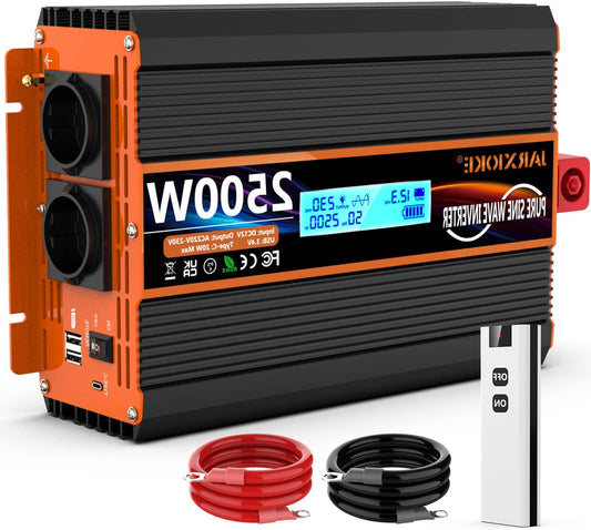 Omvormer 12V Naar 230V – Spanningsomvormer – Stroomomzetter – Converter – Inverter – Zuivere Sinusgolf – 2500W Continu Vermogen – Draadloze Afstandsbediening & LCD Display - QUORE