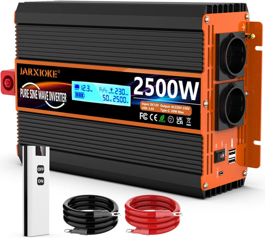 Omvormer 12v naar 230v Zuivere Sinus 2500W/5000W Auto Omvormer Spanningsomvormer Pure Sine Wave Power Inverter met afstandsbediening & LCD-scherm & EU-stopcontact & 2 x 3,4 A USB & Type-C poort