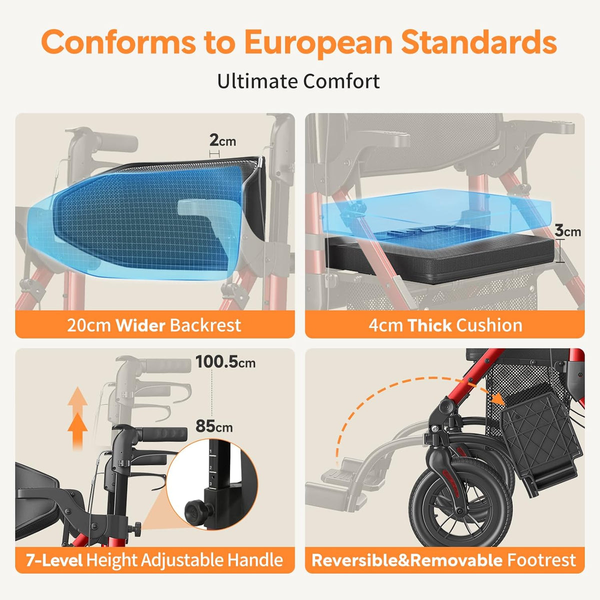 VOCIC 2 in 1 Rolstoel Rollator Opvouwbaar en Licht met Zitting, Outdoor Gumbanden voor Alle Terreinen, Lichtgewicht Rollatoren met Nettas, Aluminium Loophulp Transport-Stoel, Rood (5 Jaar