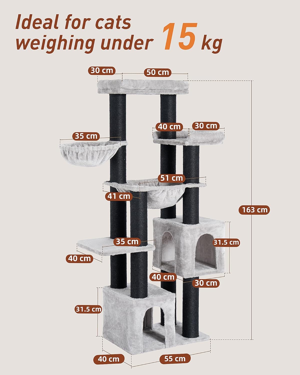 Krabpaal groot, 164 cm krabpaal voor grote katten, stabiel met 11 cm D-stammen, 2 hangmatten, 2 pluche platforms, 2 holletjes, meerlaagse kattenboom voor grote katten zoals Maine-Coon-kat