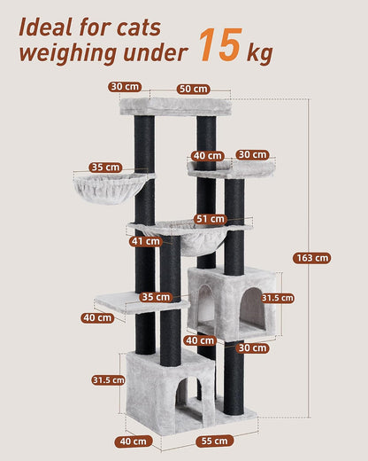 Krabpaal groot, 164 cm krabpaal voor grote katten, stabiel met 11 cm D-stammen, 2 hangmatten, 2 pluche platforms, 2 holletjes, meerlaagse kattenboom voor grote katten zoals Maine-Coon-kat
